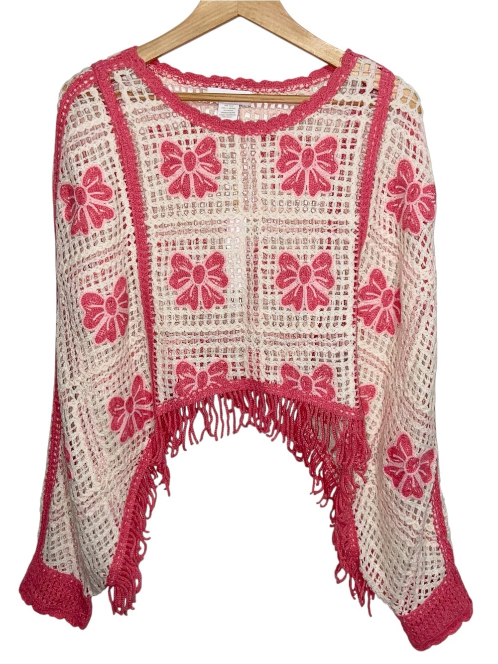 House of Harlow 1960 Top O/S Crochet Bow Fringe Poncho Sweater Boho Festival